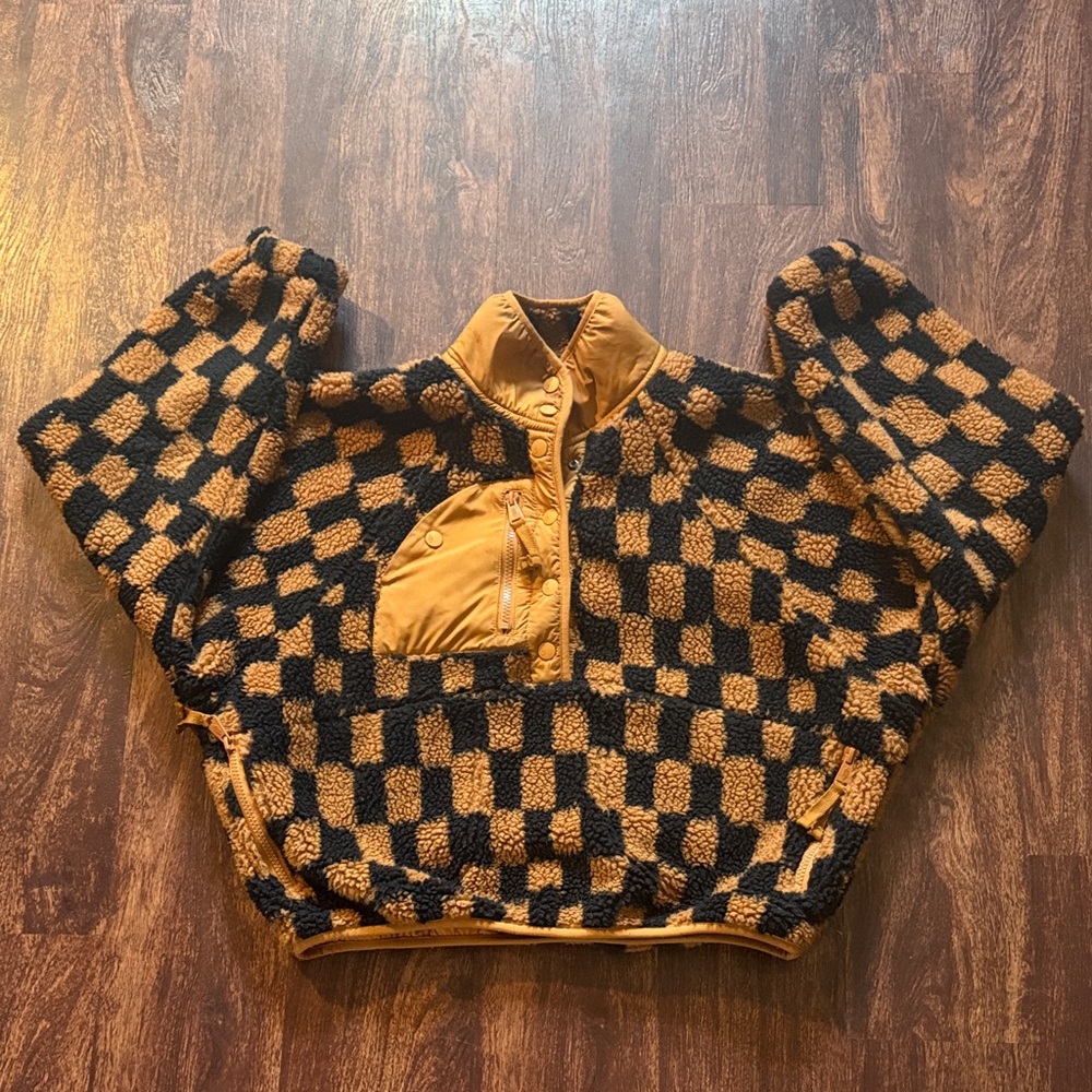 Free People Black and Tan Checkered Teddy Jacket
